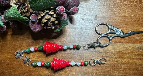 Red Vintage Christmas Tree  Scissor Fob Zipper Pull