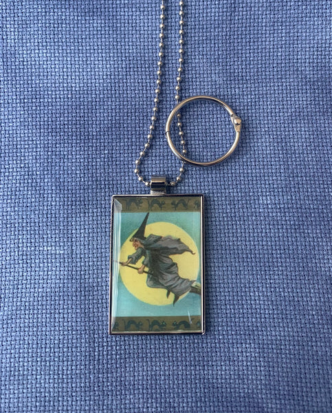 Vintage Witch flying on broom Necklace