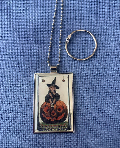 Vintage Witch sitting on Pumpkin Necklace