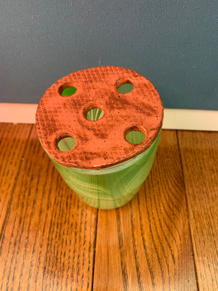 Vintage Green Blown glass vessel and 5 hole ceramic top scissor holder